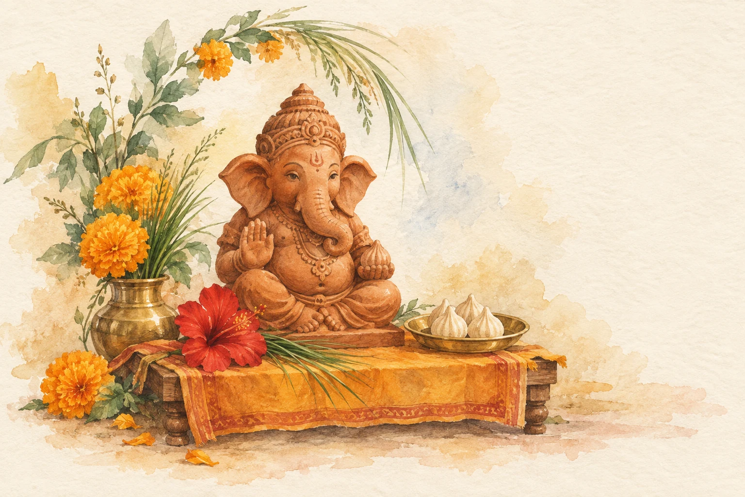 Watercolour sketch of a clay Ganesh idol with hibiscus, modak and marigolds.