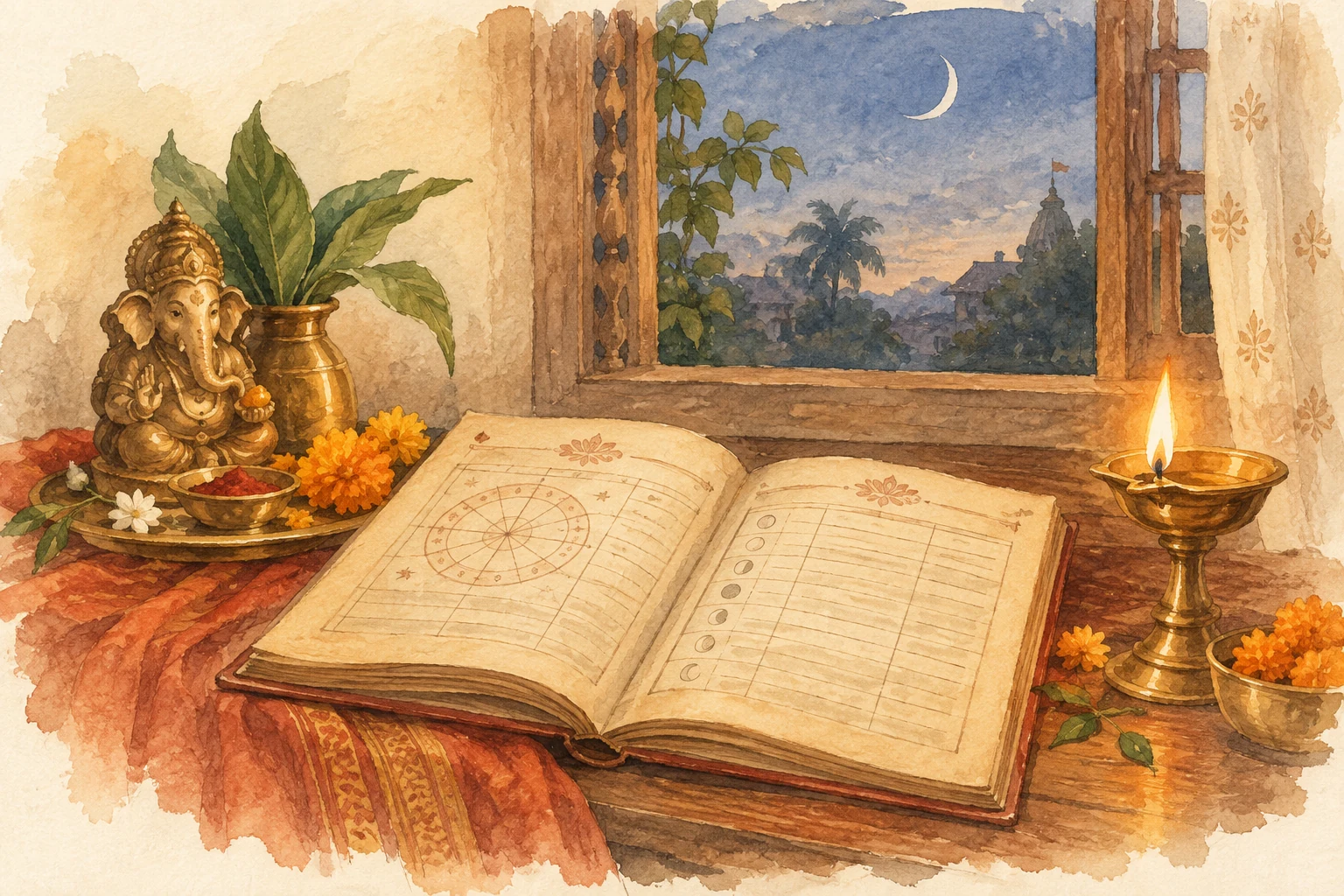 Watercolour sketch of an open almanac and brass lamp beside a window with the moon.