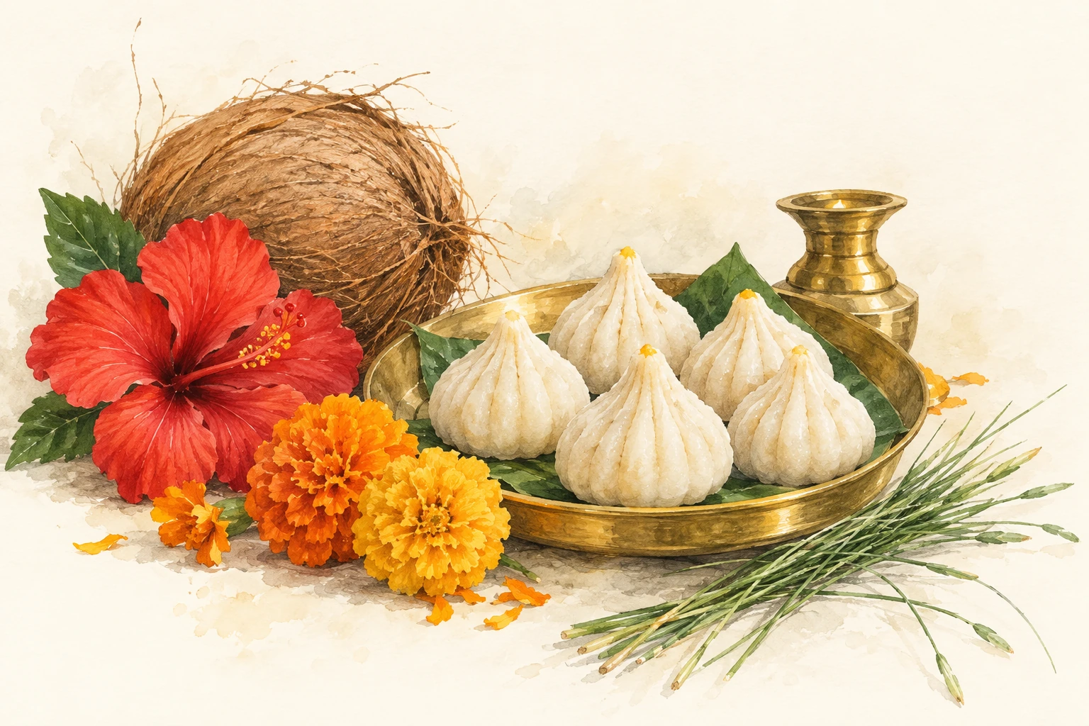 Watercolour still life of modak, coconut, hibiscus, marigolds and grass.