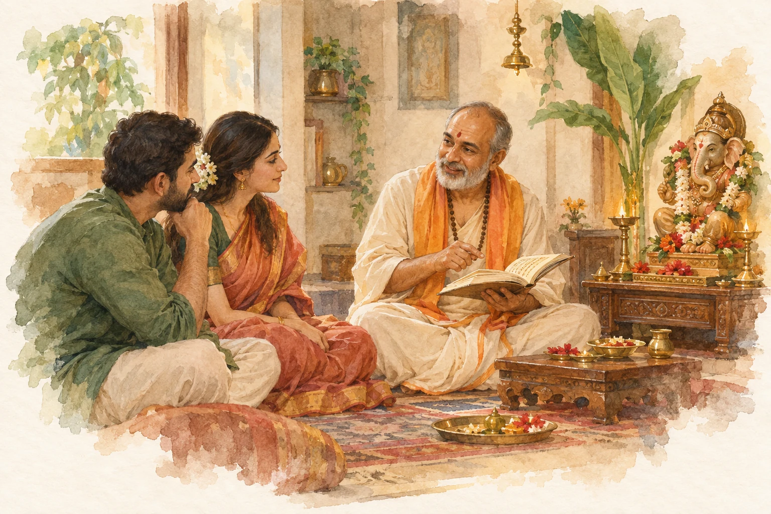 Watercolour sketch of a pandit explaining a home-puja book to a family.