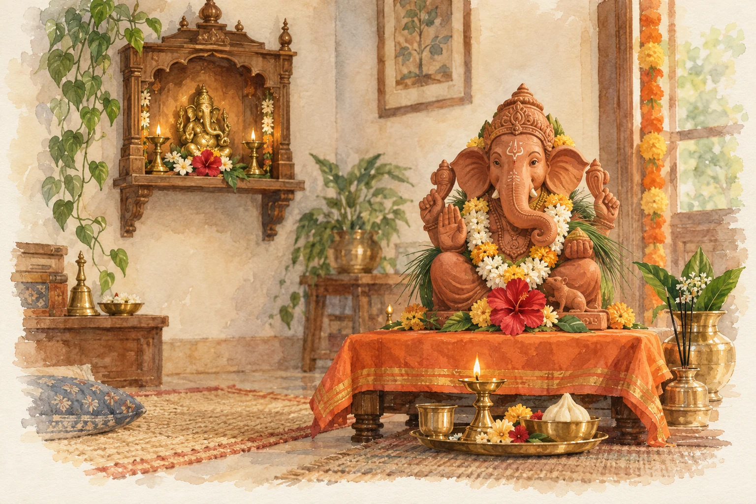 Watercolour sketch of a permanent brass Ganesh idol and a clay festival idol on separate shrines.