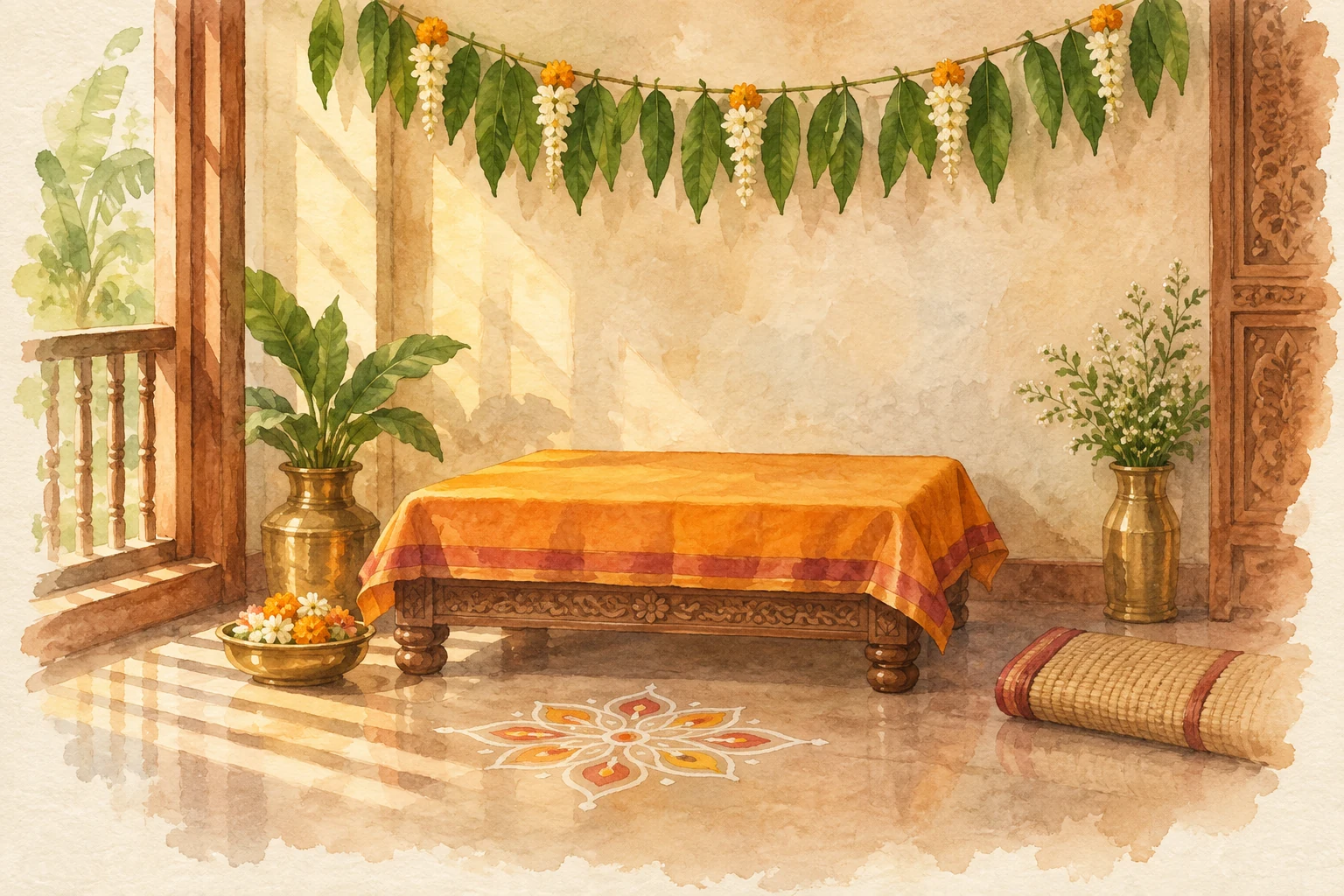 Watercolour sketch of a clean puja corner with a covered chowki, sitting mat and toran.