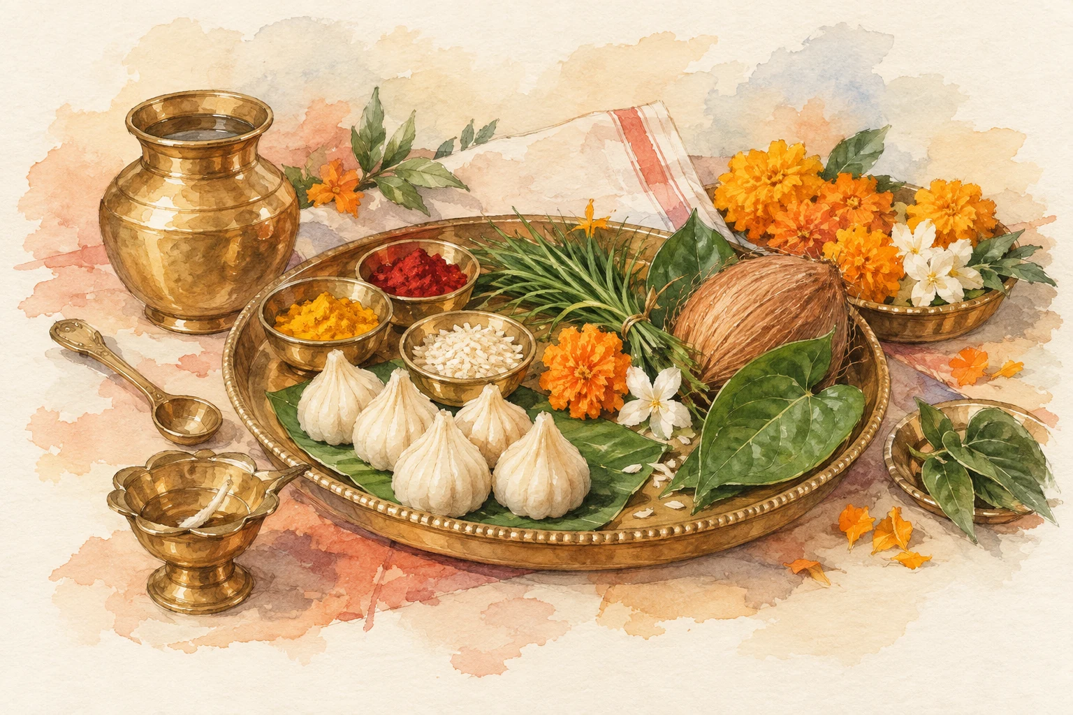 Watercolour sketch of a puja thali, water vessel, lamp, rice, flowers, coconut and offerings.